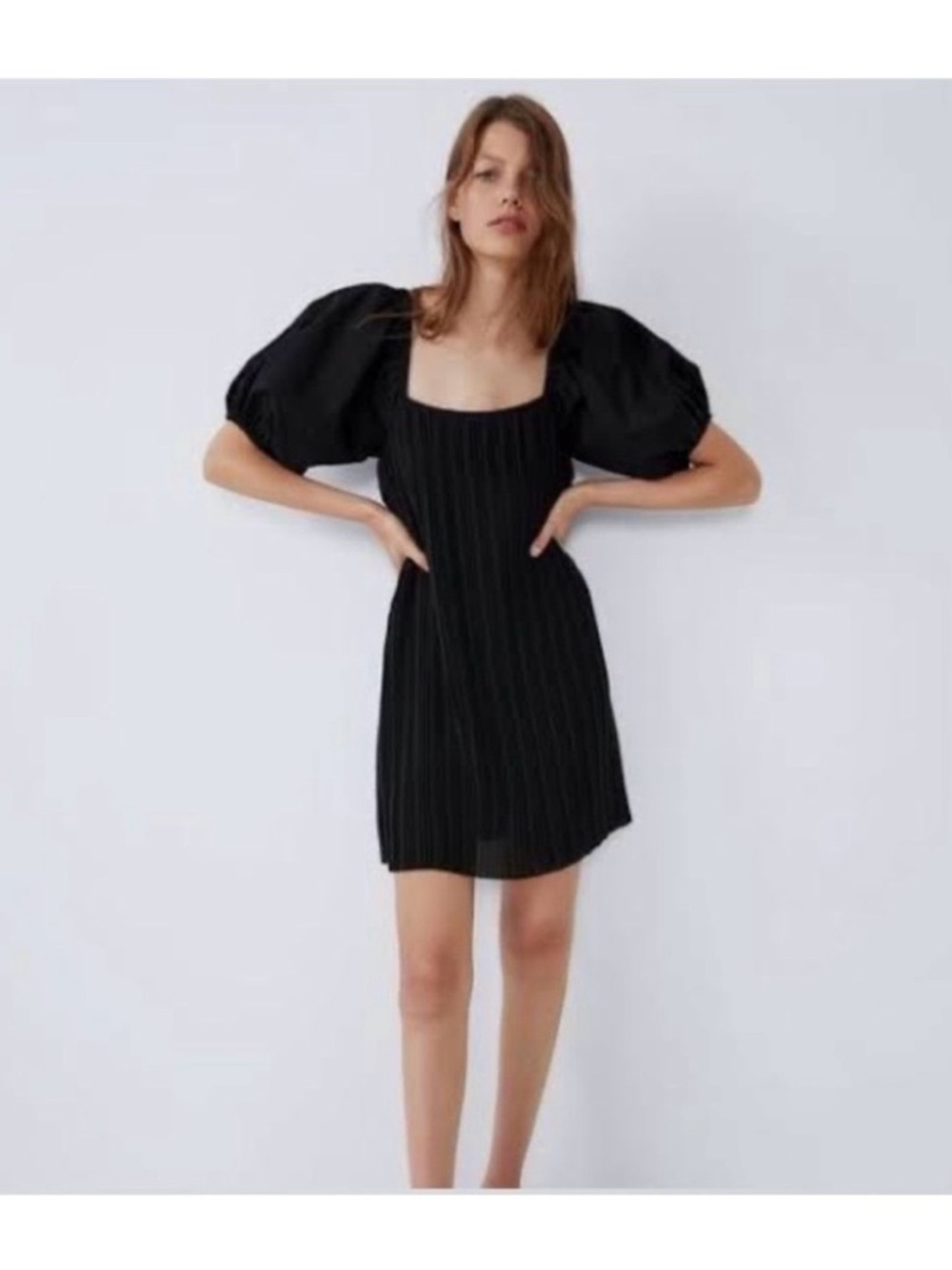 ZARA Black Pleated Puff-Sleeve Mini Dress